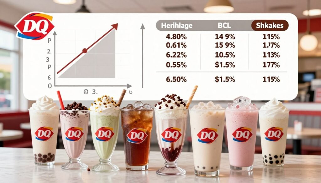 A visually engaging infographic displaying Dairy Queen's nutritional information on beverages and shakes. In the foreground, feature an array of colorful drinks like milkshakes, soft drinks, and smoothies, each with detailed calorie counts displayed prominently. In the middle, include a stylized chart summarizing healthier alternatives alongside their comparative calorie contents. The background should have a clean and modern layout, perhaps with subtle hints of a Dairy Queen restaurant interior. Use soft, natural lighting to create a warm and inviting atmosphere, resembling a friendly diner. The angle should be slightly elevated to give a comprehensive view of both the drinks and the informative elements, ensuring clarity while maintaining a cohesive design.