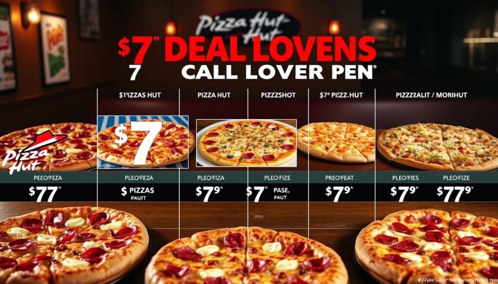 A visually striking comparison chart showcasing Pizza Hut's discounted $7 Deal Lovers Menu alongside similar offerings from other popular fast food pizza chains. In the foreground, vibrant, appetizing images of the Pizza Hut pizzas with the $7 pricing clearly displayed. In the middle ground, include enticing shots of competitor pizzas, artistically arranged for visual impact. The background should feature a subtle, cozy pizza parlor setting with warm lighting to create an inviting atmosphere. Use a slight overhead angle to capture all elements and ensure they are well-lit, highlighting the textures of the crust, cheese, and toppings. The mood should be friendly and casual, enticing viewers to consider the value of the deals presented. A visually striking comparison chart showcasing Pizza Hut's discounted $7 Deal Lovers Menu alongside similar offerings from other popular fast food pizza chains. In the foreground, vibrant, appetizing images of the Pizza Hut pizzas with the $7 pricing clearly displayed. In the middle ground, include enticing shots of competitor pizzas, artistically arranged for visual impact. The background should feature a subtle, cozy pizza parlor setting with warm lighting to create an inviting atmosphere. Use a slight overhead angle to capture all elements and ensure they are well-lit, highlighting the textures of the crust, cheese, and toppings. The mood should be friendly and casual, enticing viewers to consider the value of the deals presented.
