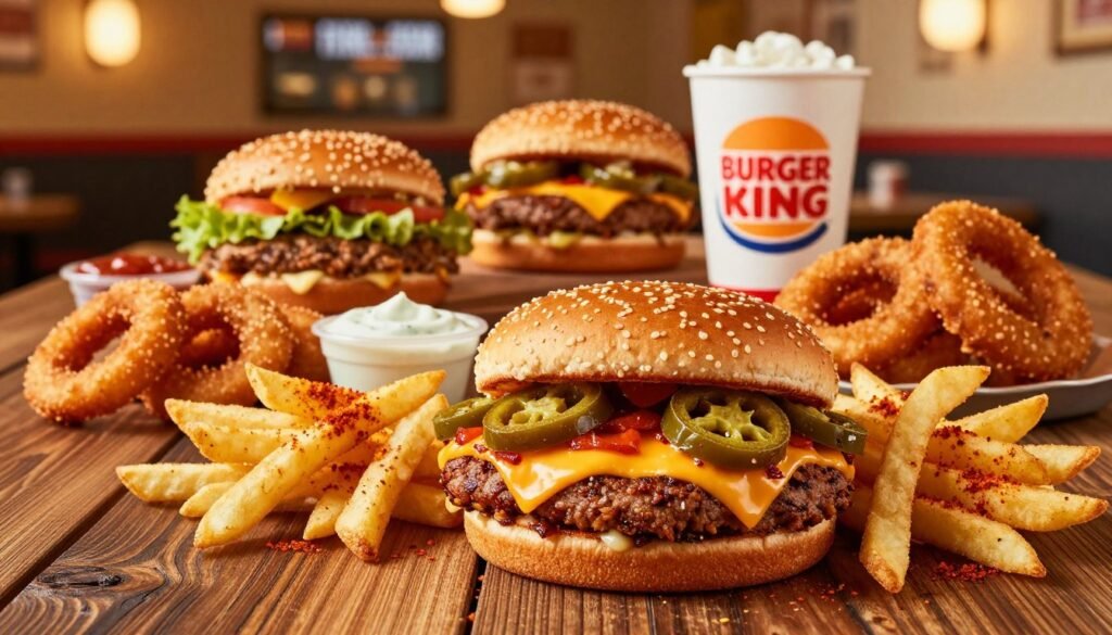 A visually striking image of a Burger King Fiery Menu spread showcasing an array of vibrant, spicy menu items, emphasizing the heat and flavor. In the foreground, a perfectly grilled spicy burger with fiery jalapeños and melted cheese, surrounded by crispy fries sprinkled with chili seasoning. In the middle ground, a colorful selection of sides like spicy onion rings and a tangy dipping sauce, all set on a rustic wooden table. The background features a warm, inviting fast-food restaurant ambiance with soft golden lighting that highlights the deliciousness of the spread. Capture the mood of excitement and flavor adventure, using a close-up angle to draw attention to the textures and vibrant colors of the food, while keeping the scene appetizing and enticing.