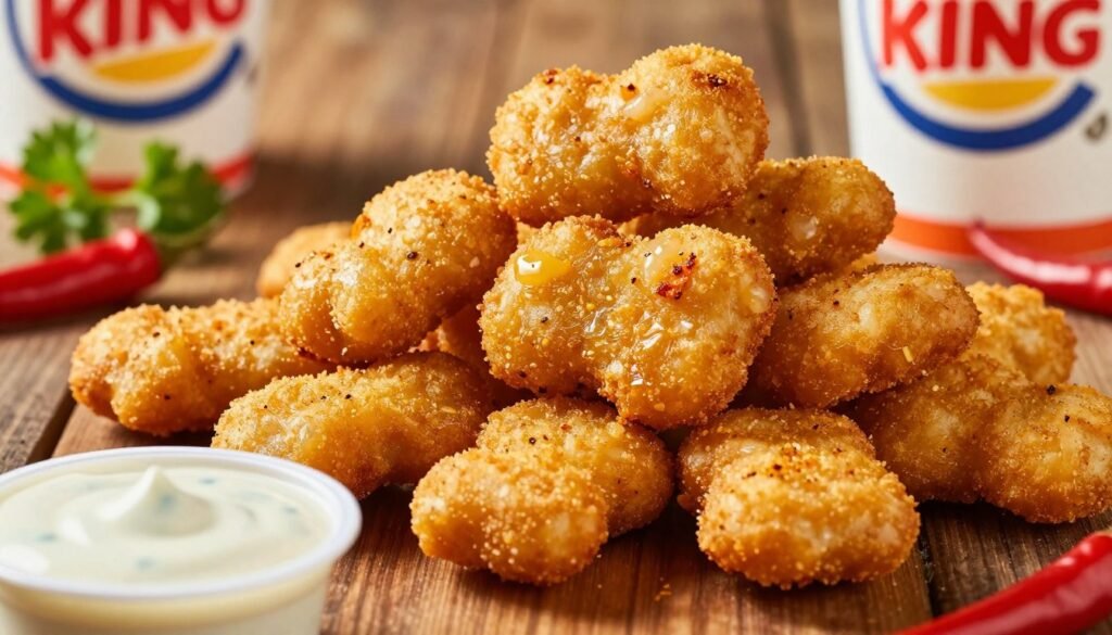 Close-up of a pile of Burger King Fiery Chicken Nuggets, showcasing their crispy, golden-brown exterior with a slight sheen of spicy seasoning glistening under soft, warm lighting. The foreground features a dipping sauce, possibly tangy ranch or fiery buffalo, in a small cup, ready for dipping. In the middle, a rustic wooden table provides a textured surface, while scattered whole chili peppers and fresh green herbs add vibrant colors. In the background, an out-of-focus glimpse of a Burger King restaurant sign suggests a fast-food setting. The mood is lively and inviting, appealing to spicy food lovers. The angle is slightly overhead, emphasizing the delicious details while maintaining a warm and enticing atmosphere.