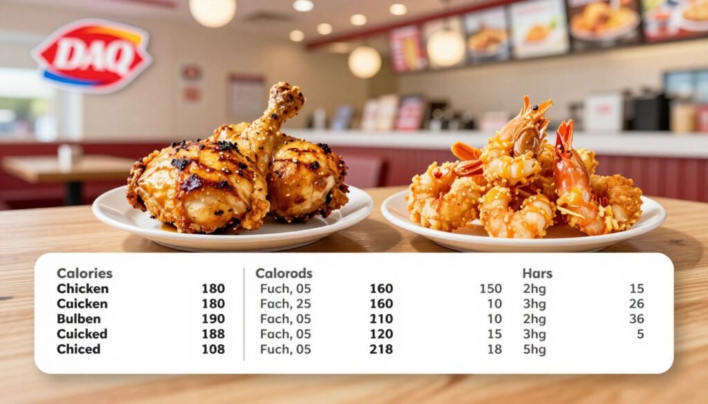 Dairy Queen nutritional information chart, prominently displayed with a clean and modern design, capturing details about chicken and seafood items. Foreground features neatly organized sections highlighting calories, protein, and fats, using a color palette that includes Dairy Queen's signature red, yellow, and white. Middle ground displays appetizing images of grilled chicken and crispy seafood items styled attractively on a white plate against a wooden table. Background subtly showcases a blurred Dairy Queen restaurant interior, with soft, warm lighting to create a welcoming atmosphere. The mood is informative and appetizing, inviting viewers to explore healthy menu options, presented in a professional and visually appealing way.