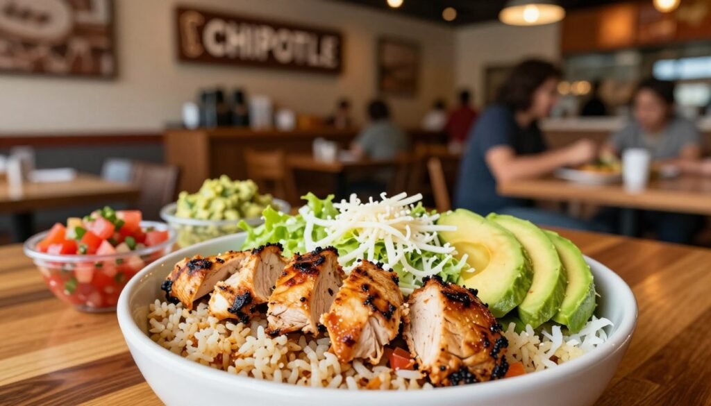 A beautifully arranged keto chipotle bowl as the foreground, featuring a vibrant mix of diced grilled chicken, fresh avocado slices, shredded lettuce, diced tomatoes, and a sprinkle of cheese, all atop a base of flavorful cauliflower rice. In the middle ground, complementing the bowl, are small side dishes of salsa and guacamole, adding a pop of color. In the background, a softly blurred out Chipotle restaurant interior with warm lighting, wooden textures, and energy from patrons enjoying their meals. The scene is captured with a shallow depth of field to emphasize the bowl, shot from a slight overhead angle to showcase its layers and textures. The overall mood is inviting, fresh, and focused on healthy eating choices.