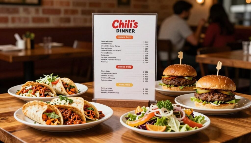 A beautifully arranged table showcasing Chili's dinner menu pricing, prominently featuring a selection of delicious dishes. In the foreground, a well-lit wooden table displaying vibrant plates of sizzling fajitas, tempting burgers, and colorful salads. Each dish is artfully garnished, reflecting freshness and mouthwatering appeal. In the middle, a stylish, clear menu template is elegantly presented, with detailed pricing next to each dish, focusing on money-saving combo options. The background consists of soft, warm lighting that creates a cozy ambiance reminiscent of a friendly restaurant setting, with hints of rustic decor like exposed brick walls and soft-focus diners enjoying their meals. The overall mood is inviting and appetizing, enticing viewers to explore dinner options.