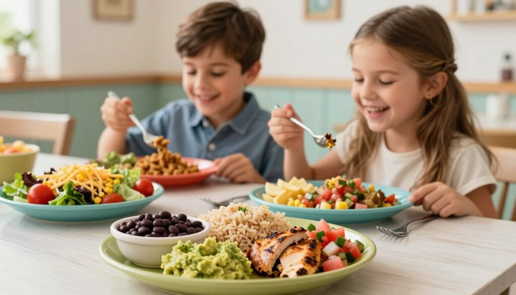 A bright, inviting table set with vibrant, healthy kids meal options inspired by a Chipotle-style menu. In the foreground, colorful plates showcase a variety of nutritious foods: a small bowl of brown rice topped with black beans, diced grilled chicken, fresh pico de gallo, and a side of guacamole. Next to it, a colorful salad with mixed greens, cherry tomatoes, corn, and shredded cheese. In the middle of the scene, two cheerful children (a boy and a girl, dressed in casual, modest clothing) are enjoying their meals, smiling and laughing. The background features cheerful decor that suggests a family-friendly restaurant ambiance, with soft, natural lighting that creates a warm and welcoming atmosphere. The focus is clear on the meals and the joy of healthy eating, with a shallow depth of field for a soft, inviting backdrop.