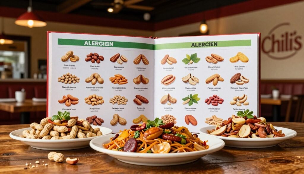 A detailed, colorful, and informative allergen guide from Chili's, showcasing a variety of nuts including peanuts, tree nuts, and their substitutes. In the foreground, a beautifully arranged plate of Chili's signature dishes free from nuts, prominently displayed on a rustic wooden table. In the middle, an open guide featuring vibrant illustrations of nuts with clear icons indicating allergen-free options. The background should include a cozy restaurant setting with soft ambient lighting, wooden beams, and a hint of Chili's branding elements, like a subtle logo in the corner. The overall atmosphere is inviting and reassuring, emphasizing safety and delicious dining.