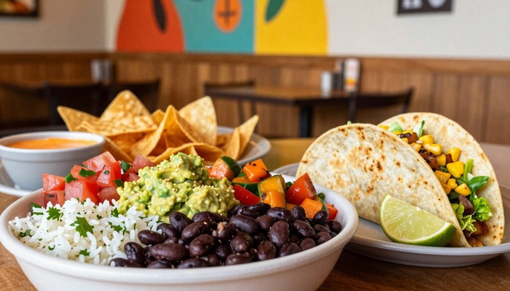 A vibrant and appetizing display of Chipotle's vegetarian menu items, featuring a colorful array of fresh ingredients. In the foreground, showcase a beautifully arranged burrito bowl filled with cilantro-lime rice, black beans, fajita veggies, fresh pico de gallo, and creamy guacamole. Beside it, a crisp taco filled with grilled corn salsa and lettuce, garnished with a slice of lime. In the middle ground, include a selection of sides like chips with salsa and a small bowl of queso. The background subtly features a Chipotle restaurant interior with natural wood finishes and bright murals. Soft, warm lighting enhances the freshness of the vegetables, creating a welcoming and inviting atmosphere. Shoot from a slightly elevated angle to capture all elements harmoniously.