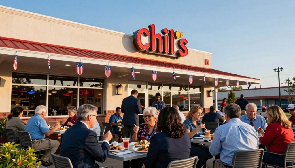 A vibrant and inviting Chili's restaurant exterior, bustling with activity, during the day. In the foreground, a diverse group of patrons of different ages and backgrounds, dressed in professional business attire and casual clothing, enjoying their meals on the outdoor patio. In the middle ground, the iconic Chili’s sign is prominently displayed, along with decorations honoring Veterans Day, such as flags and small banners. In the background, a clear blue sky casts soft, warm sunlight on the scene, creating a cheerful atmosphere. The angle is slightly elevated for a comprehensive view, emphasizing the celebratory vibe of the restaurant as a welcoming space for Veterans Day. The image conveys a sense of community, gratitude, and festivity.