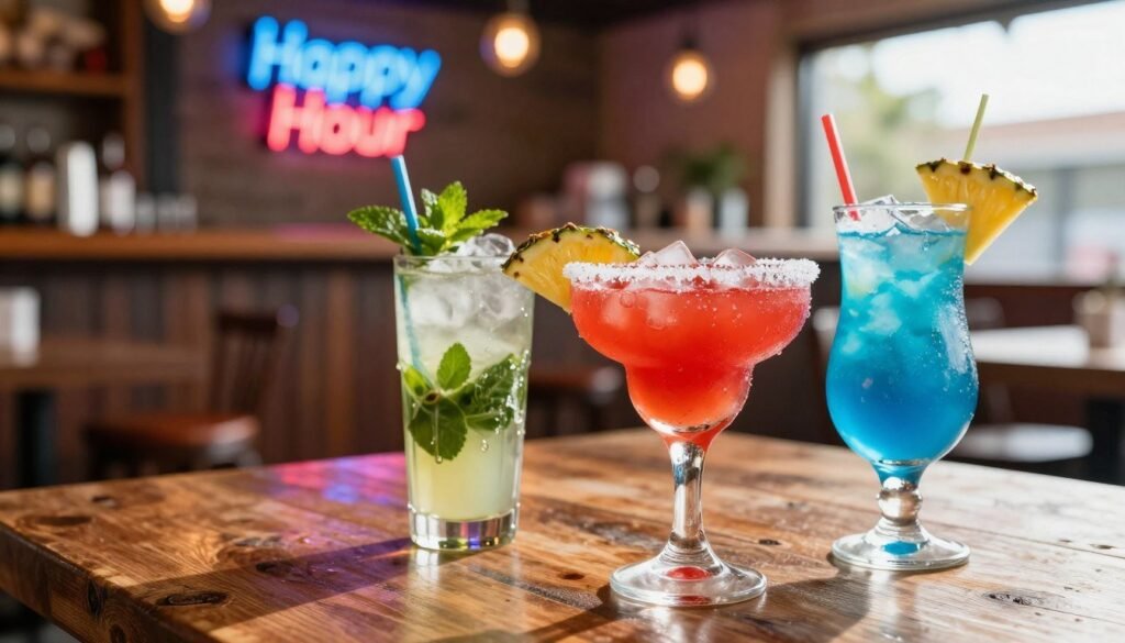 A vibrant and inviting scene showcasing Chili's Happy Hour drinks on a rustic wooden table. In the foreground, focus on an array of colorful cocktails: a bright red margarita with a salted rim, a refreshing mojito with mint leaves, and a tropical blue lagoon adorned with a slice of pineapple. Ice cubes glisten in the sunlight, and condensation drips down the glasses, enhancing the refreshing feel. In the middle ground, include a cozy bar setting with bar stools and a neon sign indicating "Happy Hour." The background features soft bokeh lights, creating an ambiance of warmth and relaxation, reminiscent of an evening gathering with friends. The lighting is bright yet soft, capturing the essence of a cheerful atmosphere.